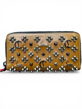 Christian Louboutin Studded Wallet Zip Around Spikes Brown Red Interior